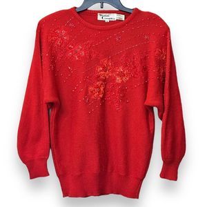 Western Connection Women’s Vintage 80’s Holiday Sweater Red Beading Floral Sz M